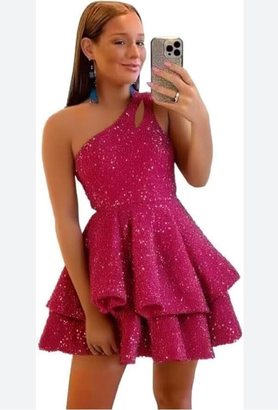 Stacees Dress Women's 6 Fuchsia Sequin One-Shoulder Tiered Ruffle Cocktail Party